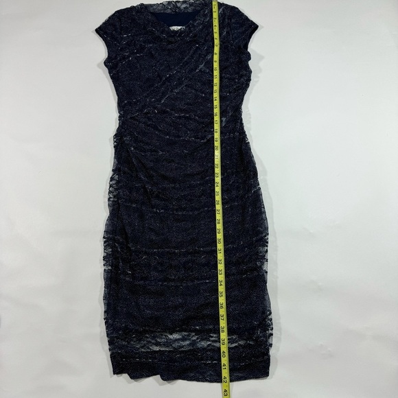 Joseph Ribkoff Shirred Knee Length Sheath Dress Lace Overlay Blue - Picture 7 of 7